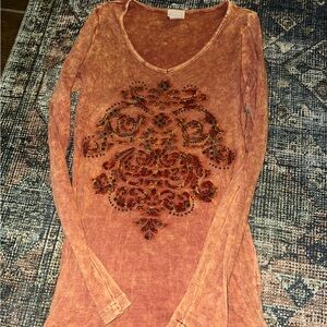 Daytrip Burnt Orange Acid Wash Ribbed  Embellished Top